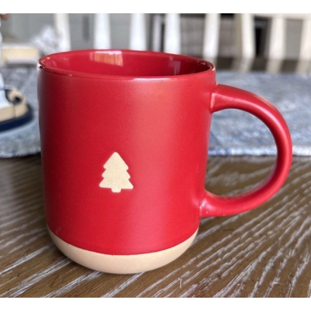 Bay Island Red Ceramic Coffee Mug Tea Cup Christmas Pine Tree Tan Base EUC